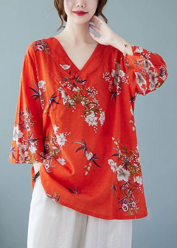 Beautiful Loose Red V Neck Print Cotton Top Summer FF022 MZF-HTP240607