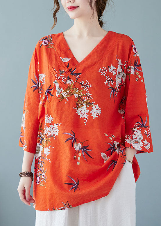 Beautiful Loose Red V Neck Print Cotton Top Summer FF022 MZF-HTP240607