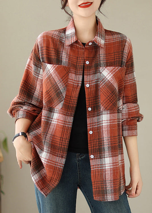 Beautiful Orange Peter Pan Collar Pockets Plaid Cotton Coat Fall QO050 OM-ZS241008