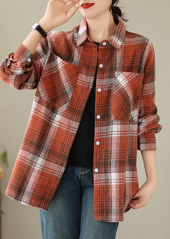 Beautiful Orange Peter Pan Collar Pockets Plaid Cotton Coat Fall QO050 OM-ZS241008