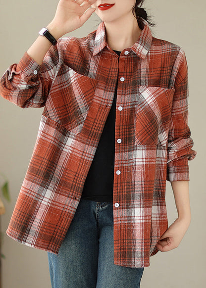 Beautiful Orange Peter Pan Collar Pockets Plaid Cotton Coat Fall QO050 OM-ZS241008