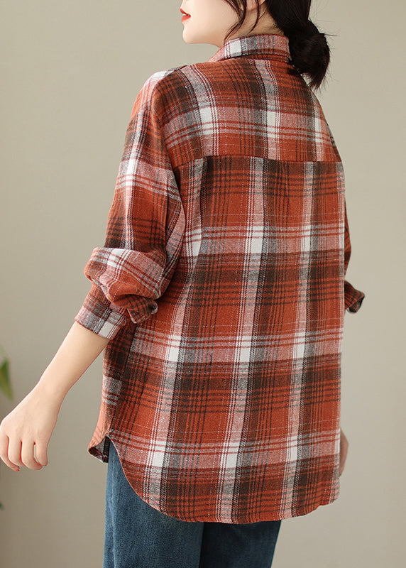 Beautiful Orange Peter Pan Collar Pockets Plaid Cotton Coat Fall QO050 OM-ZS241008