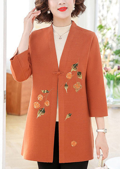 Beautiful Orange Print Cotton Knit Cardigans Bracelet Sleeve TA009
