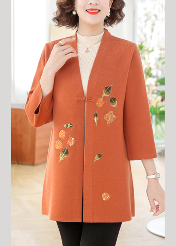 Beautiful Orange Print Cotton Knit Cardigans Bracelet Sleeve TA009
