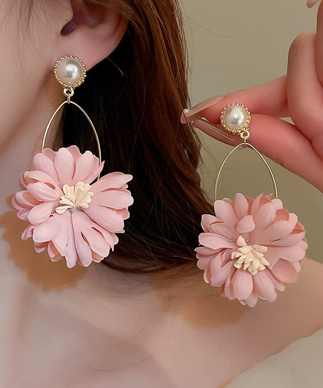 Beautiful Pink Alloy Pearl Cloth Chrysanthemum Drop Earrings II011 JEW-EAR240825