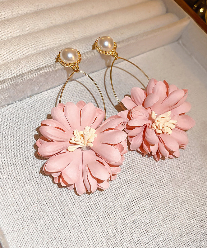 Beautiful Pink Alloy Pearl Cloth Chrysanthemum Drop Earrings II011 JEW-EAR240825