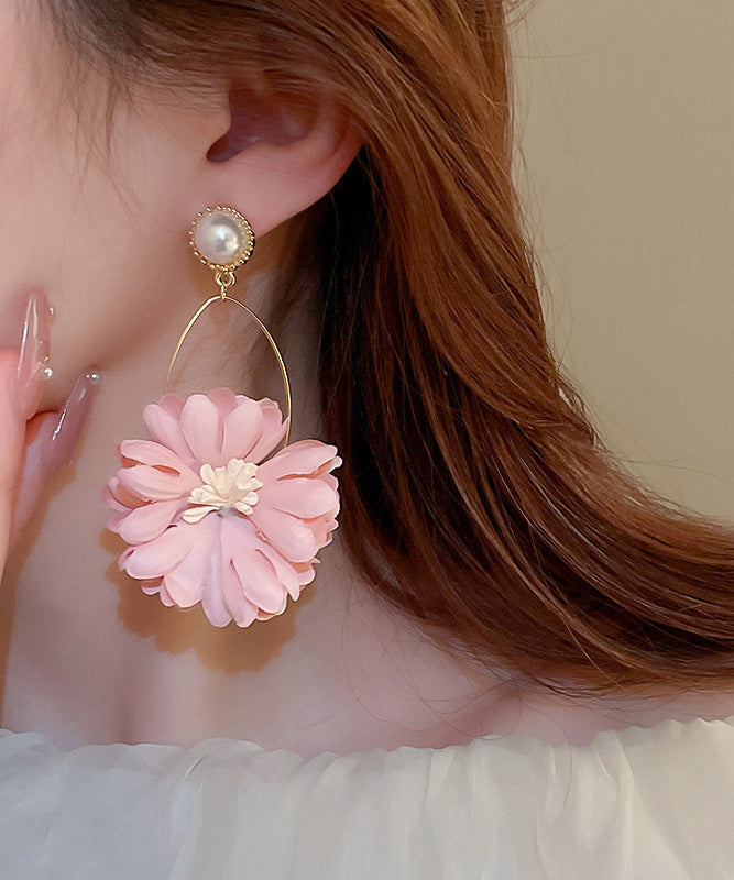 Beautiful Pink Alloy Pearl Cloth Chrysanthemum Drop Earrings II011 JEW-EAR240825