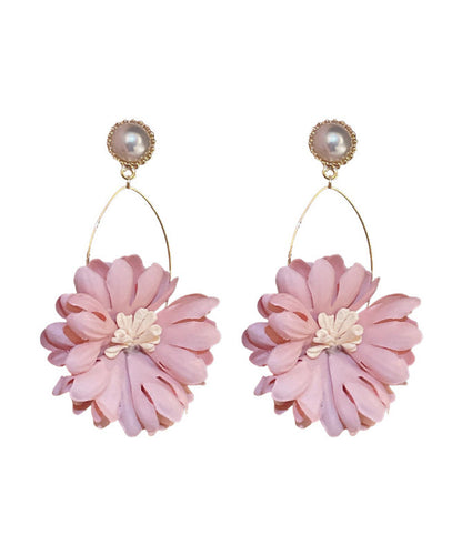 Beautiful Pink Alloy Pearl Cloth Chrysanthemum Drop Earrings II011 JEW-EAR240825