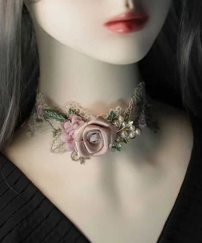 Beautiful Pink Alloy Pearl Lace Floral Necklace YA010 ABC