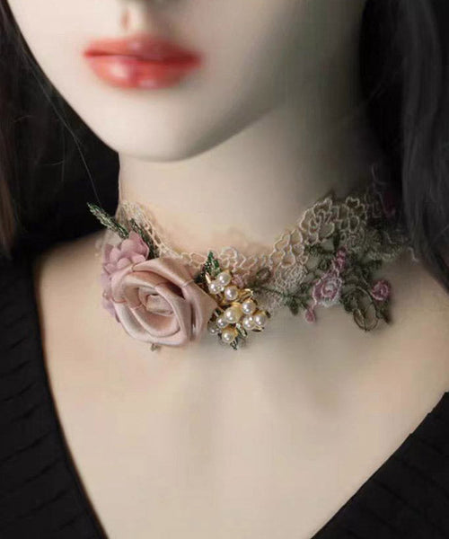 Beautiful Pink Alloy Pearl Lace Floral Necklace YA010 ABC