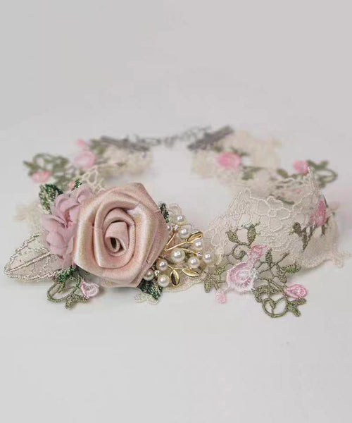 Beautiful Pink Alloy Pearl Lace Floral Necklace YA010 ABC