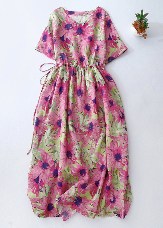 Beautiful Summer Vacation Print Cinched Dresses Pink Linen FashionChic