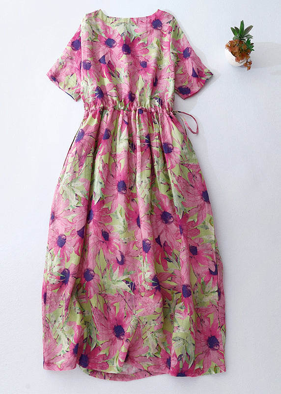 Beautiful Summer Vacation Print Cinched Dresses Pink Linen FashionChic