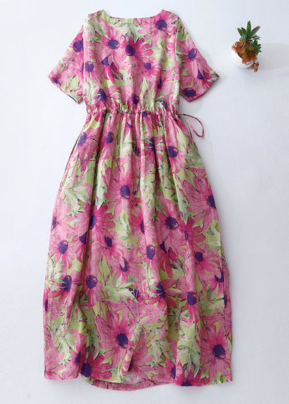 Beautiful Summer Vacation Print Cinched Dresses Pink Linen FashionChic