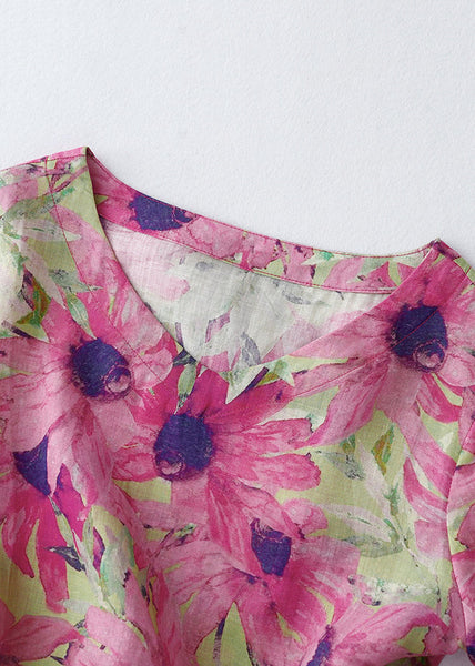 Beautiful Summer Vacation Print Cinched Dresses Pink Linen FashionChic