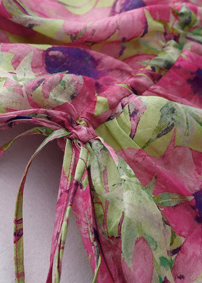 Beautiful Summer Vacation Print Cinched Dresses Pink Linen FashionChic