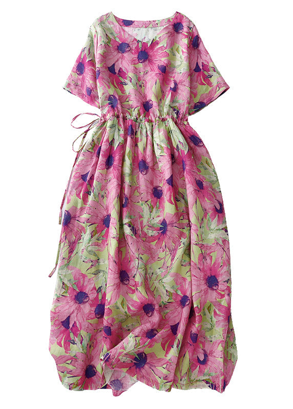 Beautiful Summer Vacation Print Cinched Dresses Pink Linen FashionChic