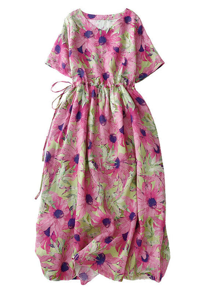 Beautiful Summer Vacation Print Cinched Dresses Pink Linen FashionChic