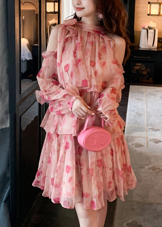 Chiffon Beautiful Cold Mid Dress Pink Print Summer Shoulder FashionChic