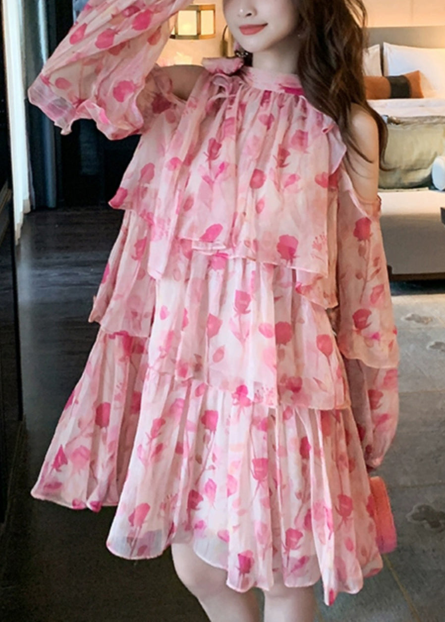Chiffon Beautiful Cold Mid Dress Pink Print Summer Shoulder FashionChic