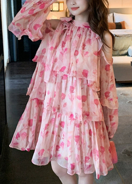 Chiffon Beautiful Cold Mid Dress Pink Print Summer Shoulder FashionChic