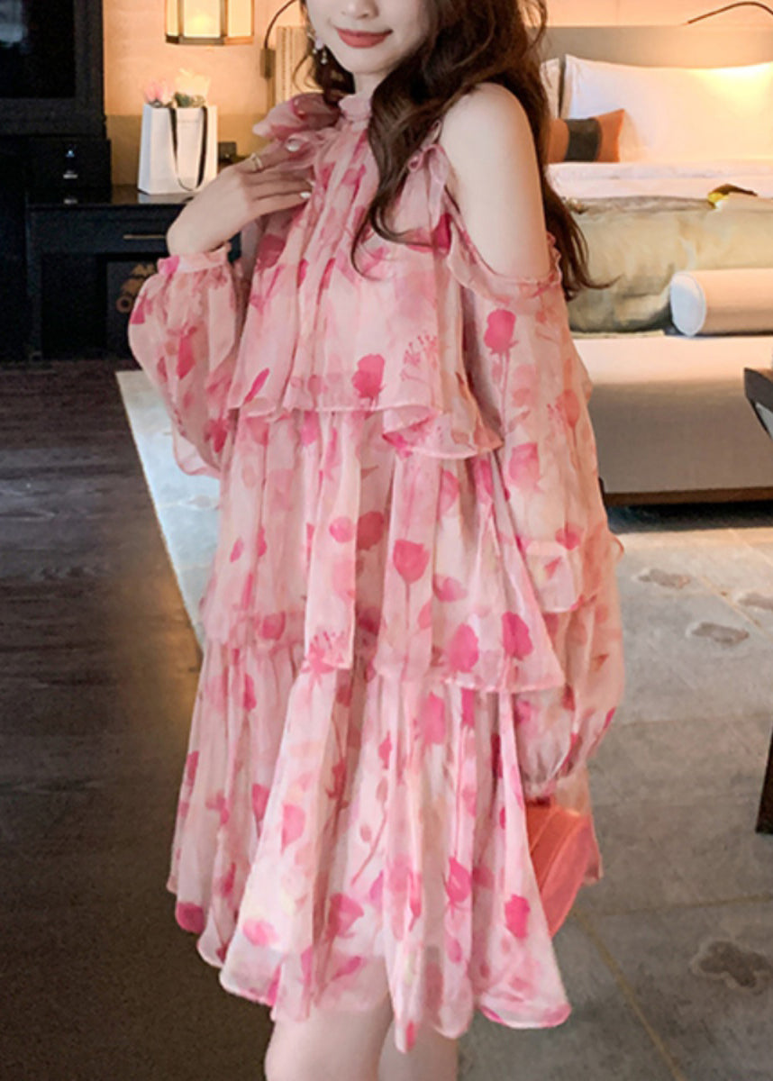 Chiffon Beautiful Cold Mid Dress Pink Print Summer Shoulder FashionChic
