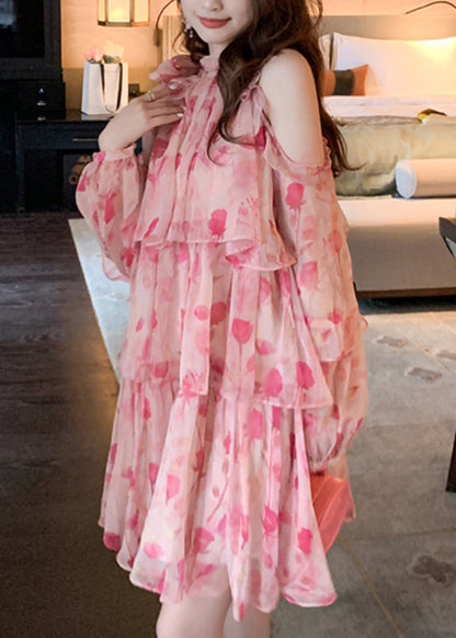Chiffon Beautiful Cold Mid Dress Pink Print Summer Shoulder FashionChic