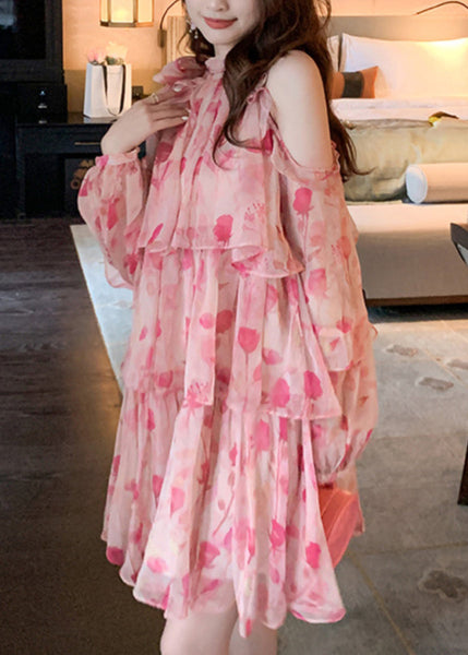 Chiffon Beautiful Cold Mid Dress Pink Print Summer Shoulder FashionChic