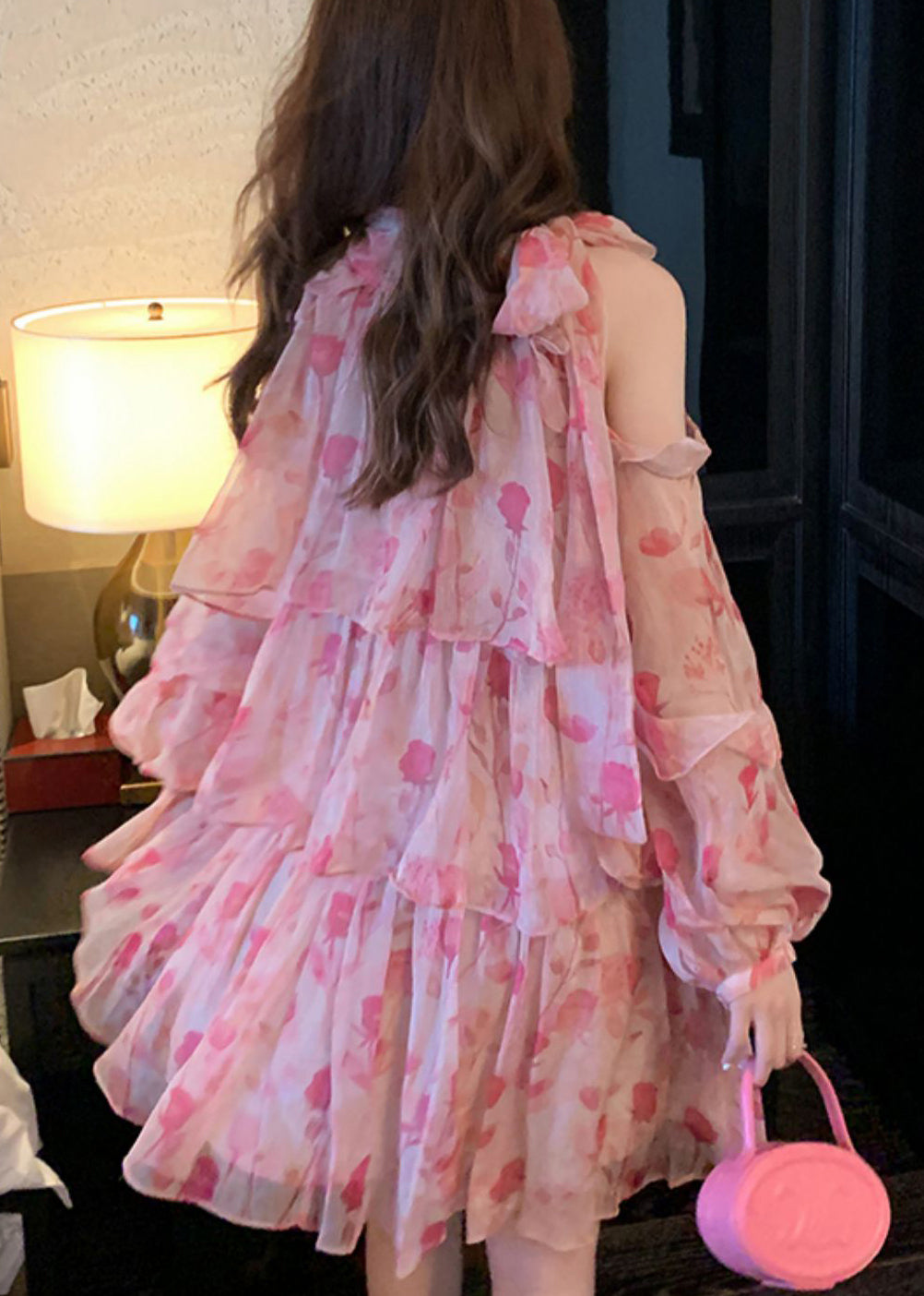 Chiffon Beautiful Cold Mid Dress Pink Print Summer Shoulder FashionChic