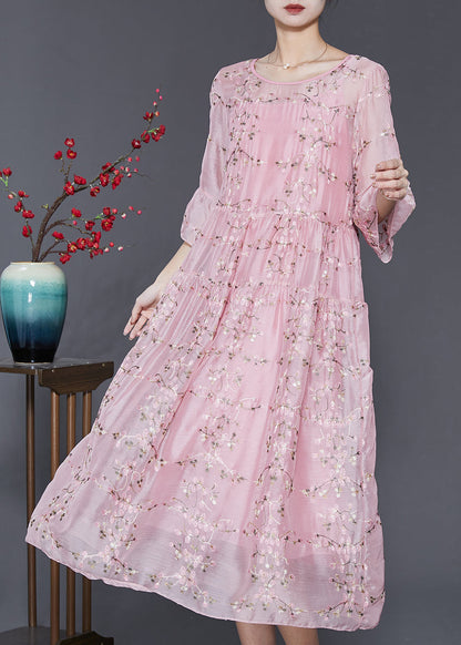 Beautiful Pink Embroidered Silk Party Dress Bracelet Sleeve SD1092 Ada Fashion