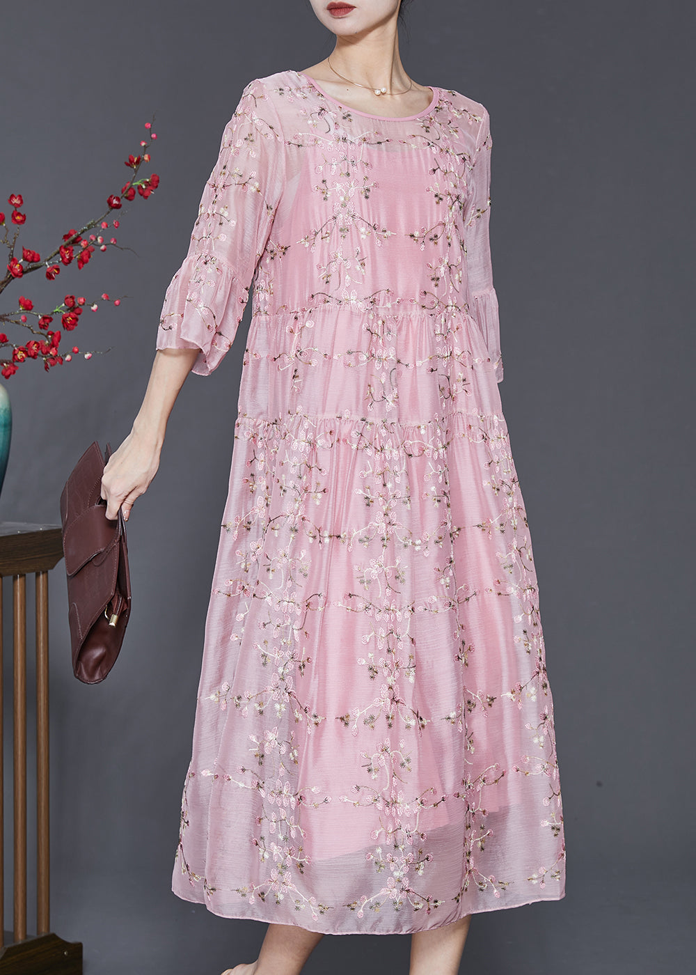 Beautiful Pink Embroidered Silk Party Dress Bracelet Sleeve SD1092 Ada Fashion