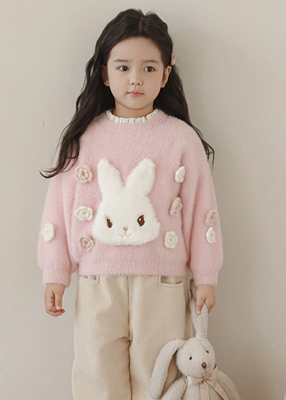 Beautiful Pink Embroideried Warm Fleece Patch Cotton Knit Kids Sweate Spring TP047