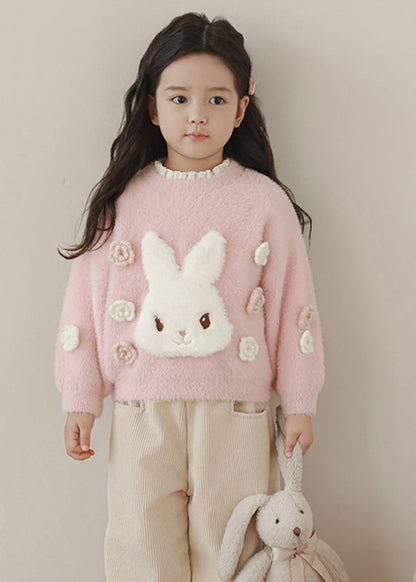 Beautiful Pink Embroideried Warm Fleece Patch Cotton Knit Kids Sweate Spring TP047