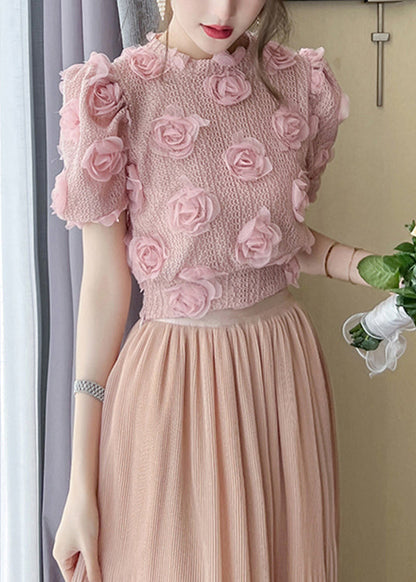 Beautiful Pink Floral Hollow Out Knit Top Summer WX021 ABC