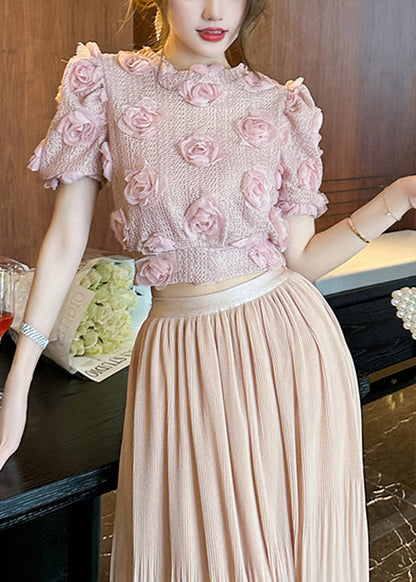 Beautiful Pink Floral Hollow Out Knit Top Summer WX021 ABC