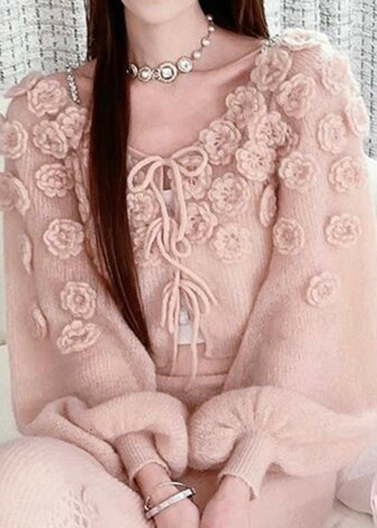 Beautiful Pink Floral Lace Up Knit Sweaters Fall WO035 HS-NTP241109