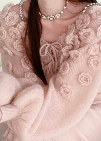 Beautiful Pink Floral Lace Up Knit Sweaters Fall WO035 HS-NTP241109