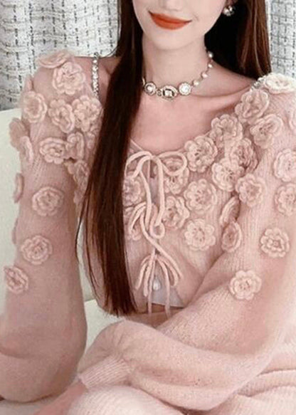 Beautiful Pink Floral Lace Up Knit Sweaters Fall WO035 HS-NTP241109