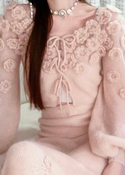 Beautiful Pink Floral Lace Up Knit Sweaters Fall WO035 HS-NTP241109