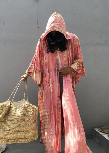 Pink Hooded Beautiful Cardigan Loose Print Cotton Summer FashionChic