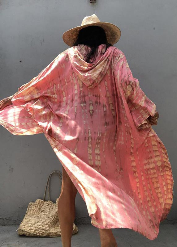 Pink Hooded Beautiful Cardigan Loose Print Cotton Summer FashionChic