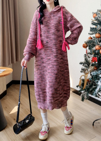 Beautiful Pink Lace Up Patchwork Cotton Knit Long Dress Winter RK034 ABC