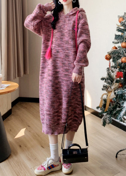 Beautiful Pink Lace Up Patchwork Cotton Knit Long Dress Winter RK034 ABC