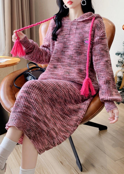 Beautiful Pink Lace Up Patchwork Cotton Knit Long Dress Winter RK034 ABC