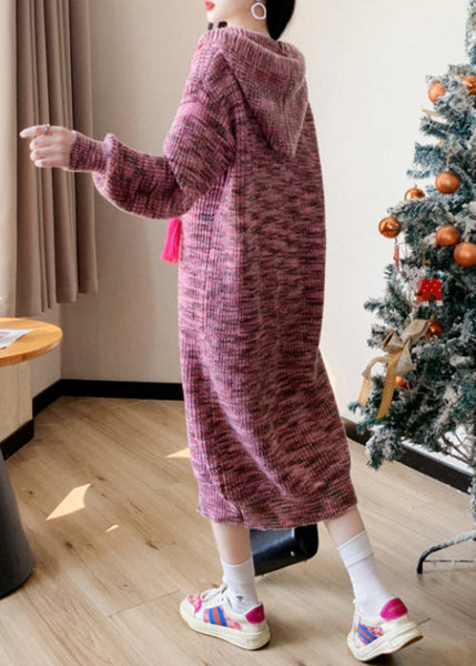 Beautiful Pink Lace Up Patchwork Cotton Knit Long Dress Winter RK034 ABC