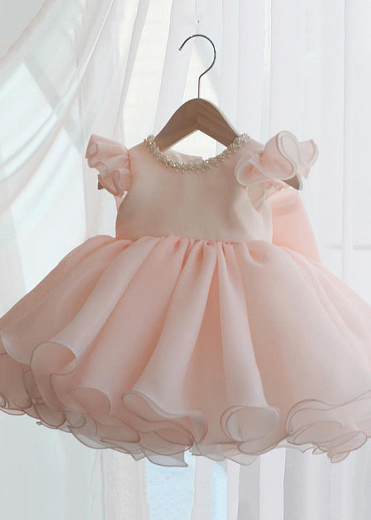 Beautiful Pink Nail Bead Patchwork Tulle Kids Long Dresses Short Sleeve YS039 ABC