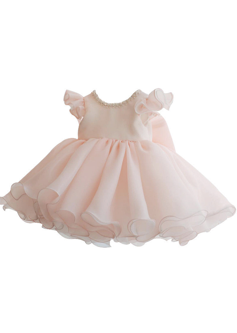 Beautiful Pink Nail Bead Patchwork Tulle Kids Long Dresses Short Sleeve YS039 ABC