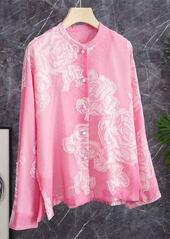 Beautiful Pink O Neck Button Print Silk Shirt Long Sleeve Ada Fashion