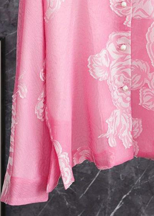 Beautiful Pink O Neck Button Print Silk Shirt Long Sleeve Ada Fashion