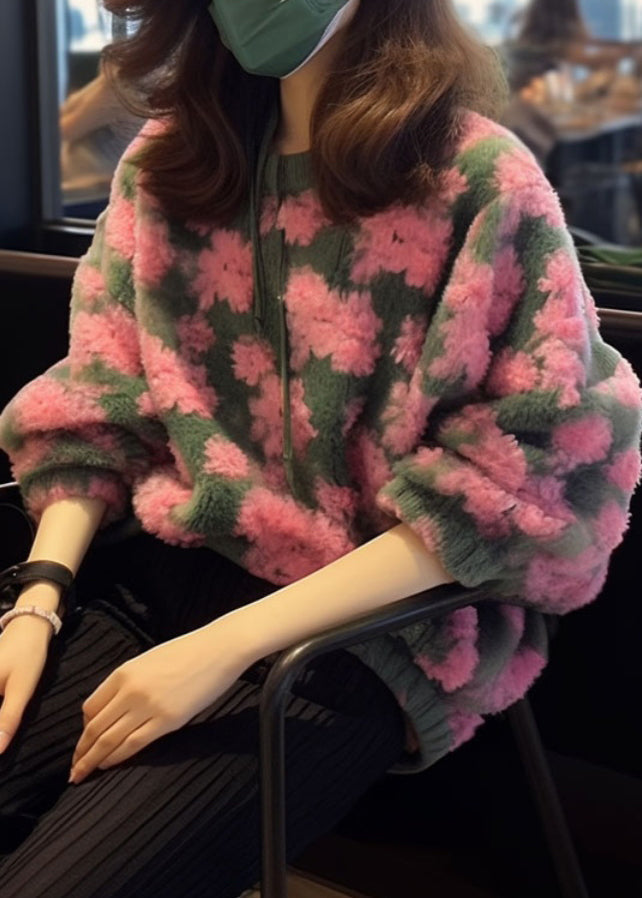 Beautiful Pink O Neck Jacquard Faux Fur Knit Sweaters Fall WO025 HS-NTP241109